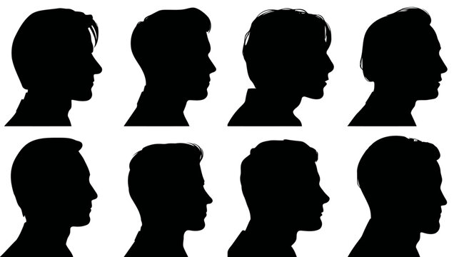 A group of eight black silhouette profiles of men, presented in two rows, with their heads and shoulders facing sideways against a white background.