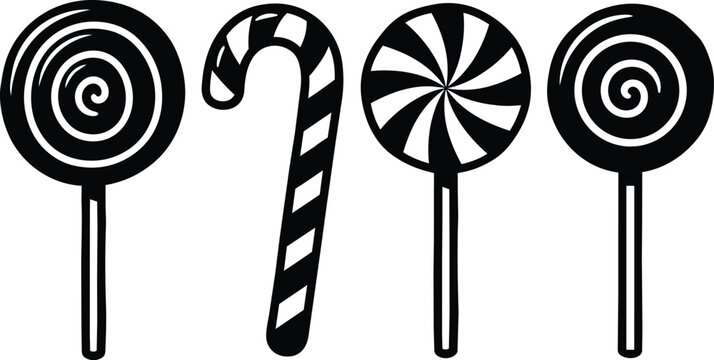 Black and white swirl lollipops and candy cane vector art set for christmas
