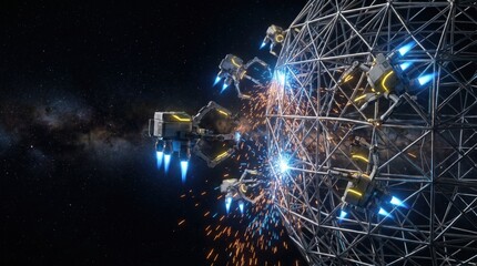 Obraz premium Swarm of automated robotic drones welding and constructing a giant wireframe megastructure in outer space