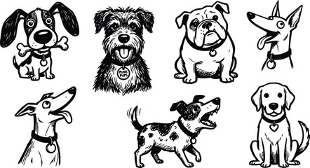 Obraz premium Black and white cartoon dogs set eight playful breeds in line art