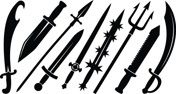 Black and white weapon silhouettes set with swords daggers trident and spiked mace