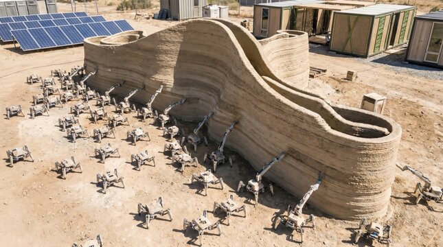 Large group of small quadruped robots collaboratively 3D printing a sustainable clay architectural structure outdoors