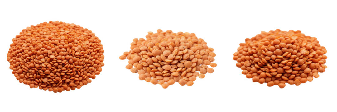 Set and collection of heap of raw orange lentils isolated on white background