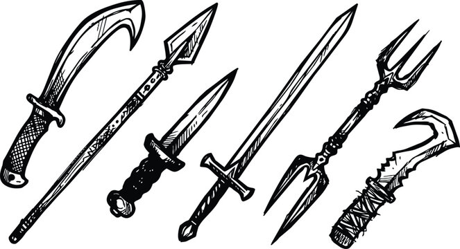 Hand drawn black and white assortment of curved hooked spear dagger longsword and trident weapons