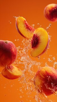 水しぶきをあげる桃の果実の断面と丸ごとした状態。フルーツジュースや夏の爽やかなイメージ素材