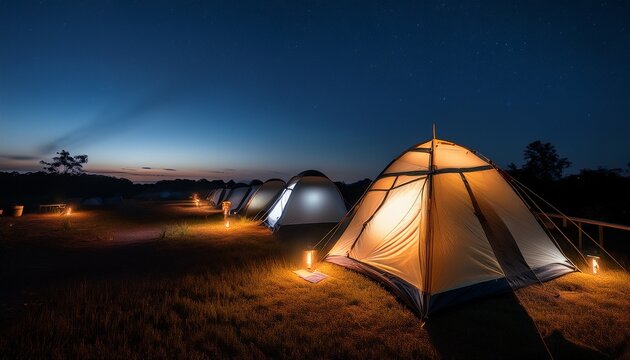 under dim lamplight a still night unfolds over a makeshift camp with tents and a quiet watchful atmosphere capturing a sense of tranquil surveillance