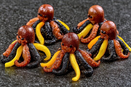 Five adorable miniature octopus-shaped appetizers made from dark olives and yellow bell peppers