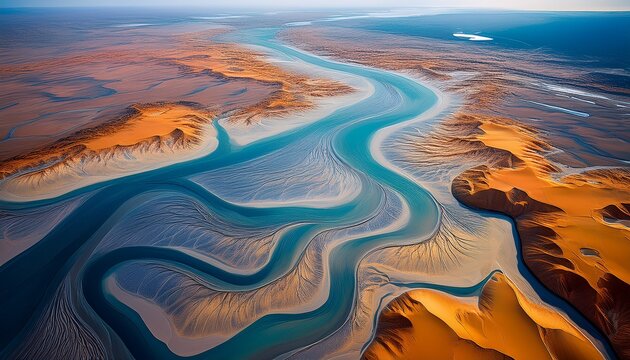 abstract aerial landscape of an arid river delta and coastal patterns