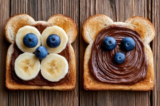 Two adorable teddy bear shaped toasts with chocolate spread, banana slices, and blueberries on a wooden background.