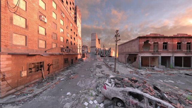 荒廃した街の風景　3DCGレンダリング