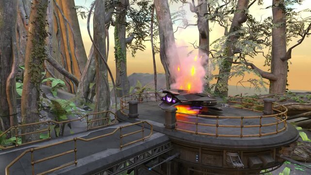 森の中の宇宙船駐機場　3DCGレンダリング
