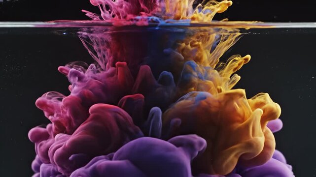 Vibrant ink clouds swirl and mix in clear water, creating abstract patterns