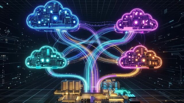 Cloud networks connect servers in a digital space. Colorful streams of data show how technology interacts in this interconnected environment.