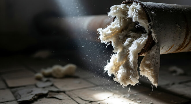 Closeup of dangerous asbestos insulation fibers protruding from an old pipe in a dark basement with airborne particles visible in light posing a severe health risk