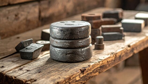 Dense lead weights and small ingots showcasing their dull grey luster stacked on a wooden surface in a workshop