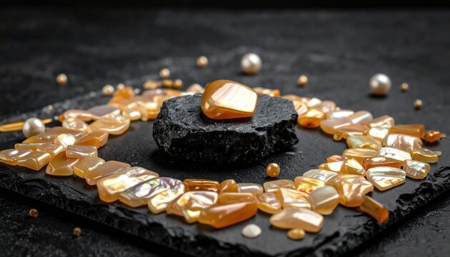 Gleaming mother of pearl tesserae in a circular mosaic pattern around a rough stone with scattered pearls