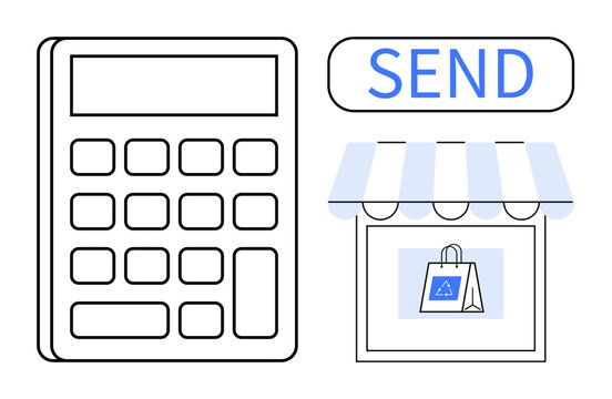 E-commerce, online payments, budgeting, retail shopping, financial tools, digital transactions. Minimalist design a calculator, storefront with a shopping bag and a send button. E-commerce