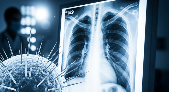 Chest Xray medical scan showing lungs affected by asbestos exposure with microscopic fibers representing mesothelioma asbestosis and industrial health hazards in blue