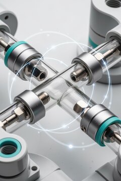 Mechanical connectors and clear tubular joint with metallic fittings and teal accents