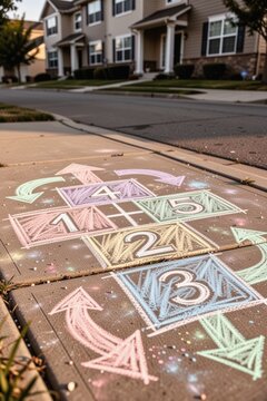 Chalk hopscotch game drawn on suburban sidewalk with pastel arrows and houses