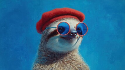 Fototapeta premium 赤いベレー帽と青いサングラスをかけたナマケモノの肖像画。ユニークな動物キャラクターのイラスト素材