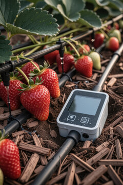 Strawberries with irrigation controller and drip lines on mulched soil beds