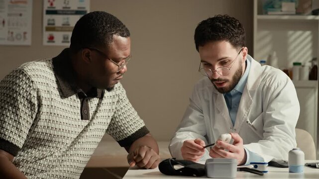 Waist up of Middle Eastern male doctor demonstrating how to use glucometer to Black male patient during diabetes appointment in sunlit medical office