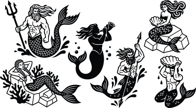 Line art black and white mermaid set with trident shells and coral elements