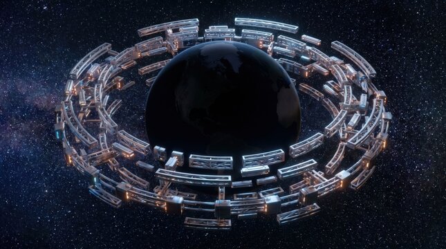 Massive futuristic space station ring orbiting a dark Earth in outer space