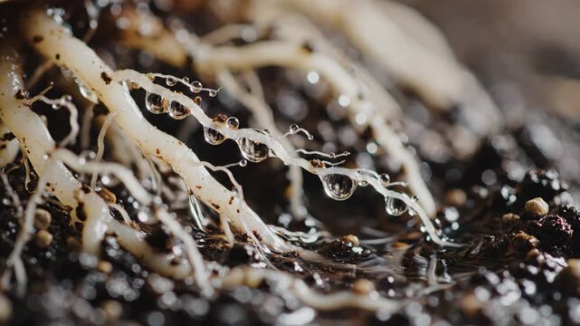 Macro view of plant roots absorbing water and nutrients from soil
