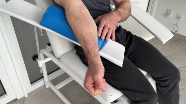 Man preparing for blood test squeezing fist and positioning arm for vein access during medical analysis procedure. healthcare procedures, laboratory analysis, and routine clinical examination. 