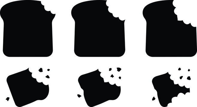 Black and white bitten toast icons set six silhouettes with scattered crumbs vector art