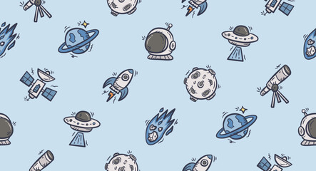 Outer space doodle background. pattern background. Space theme for kids seamless pattern. Astronaut spaceship hand drawn pattern elements with planet, moon, rocket, ufo, comet, star, satellite. © Dean
