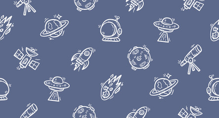 Outer space doodle background. pattern background. Space theme for kids seamless pattern. Astronaut spaceship hand drawn pattern elements with planet, moon, rocket, ufo, comet, star, satellite. © Dean