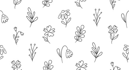 Cute flowers doodle background. Spring floral pattern background. Colorful line art flower and leaves seamless pattern for textile. Hand drawn daisy flower and leaf backgrouund. © Dean