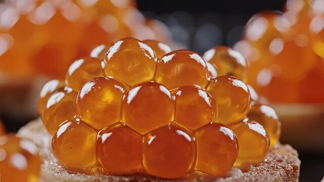 Closeup of vibrant salmon roe a delicacy on a bread base.