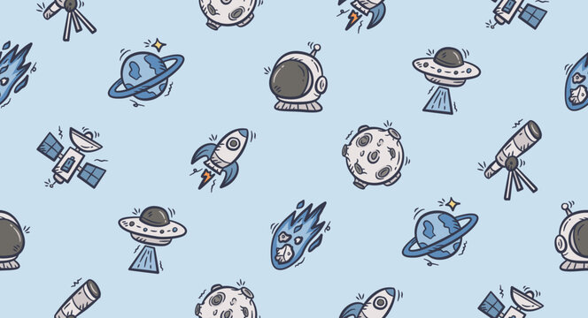 Outer space doodle background. pattern background. Space theme for kids seamless pattern. Astronaut spaceship hand drawn pattern elements with planet, moon, rocket, ufo, comet, star, satellite.