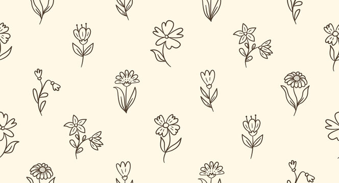 Cute flowers doodle background. Spring floral pattern background. Colorful line art flower and leaves seamless pattern for textile. Hand drawn daisy flower and leaf background.