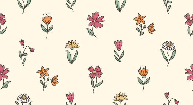 Cute flowers doodle background. Spring floral pattern background. Colorful line art flower and leaves seamless pattern for textile. Hand drawn daisy flower and leaf background.