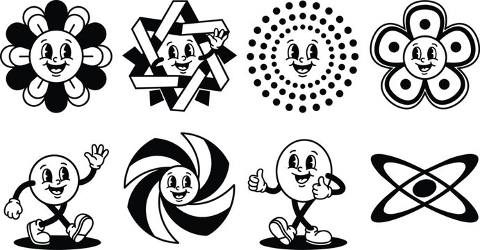Black and white smiling sun faces and retro mascot icons set vector art