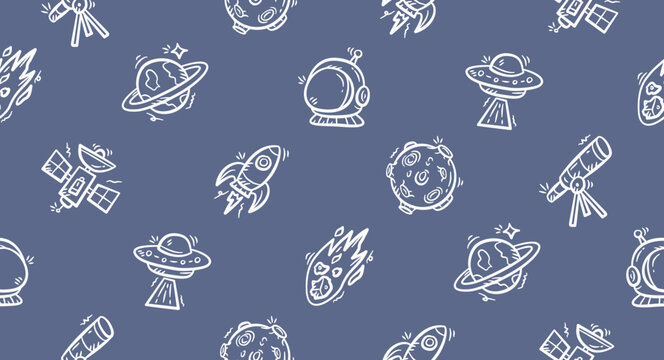 Outer space doodle background. pattern background. Space theme for kids seamless pattern. Astronaut spaceship hand drawn pattern elements with planet, moon, rocket, ufo, comet, star, satellite.