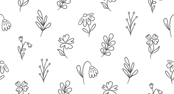 Cute flowers doodle background. Spring floral pattern background. Colorful line art flower and leaves seamless pattern for textile. Hand drawn daisy flower and leaf backgrouund.