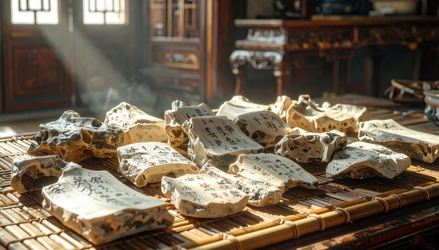 Ancient Oracle Bone Fragments Inscribed with Early Chinese Script Displayed on Bamboo Mat