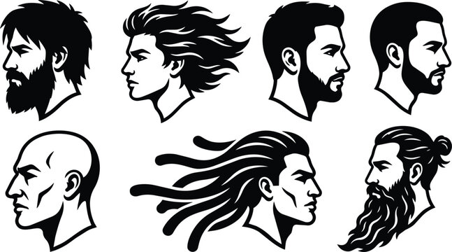 Black and white vector heads set seven male profiles with varied hair and beard styles