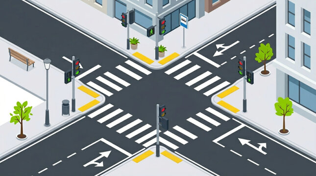 Busy City Intersection with Traffic Lights and Crosswalks.