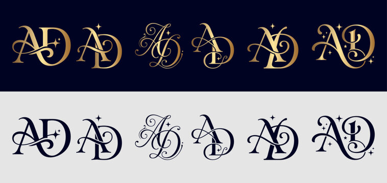 Set of combined golden AD monograms, calligraphy ornaments with stars and swirls.
