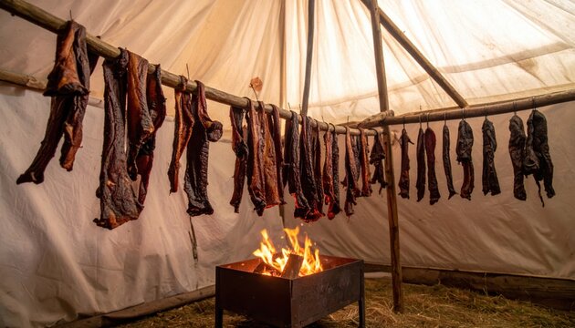 Dried smoked meat strips hanging from a wooden frame with a fire underneath inside a tent