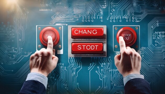 hands pressing red buttons with change start and stop text industrial control concept
