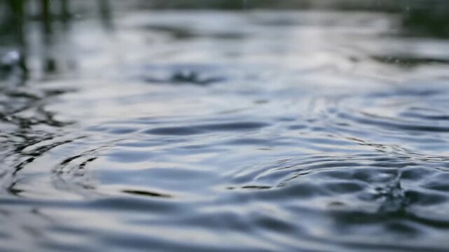 Close-up slow motion of raindrops hitting water surface creating ripples