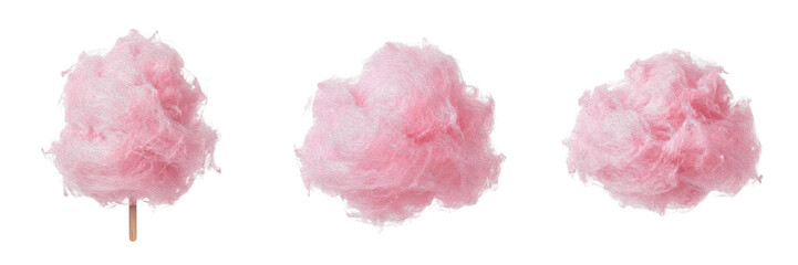 Naklejka premium Fluffy Piece of Pink Cotton Candy or Fairy Floss Isolated on Pure White Background for Carnival Party Theme and Sweet Confectionery Graphic Assets